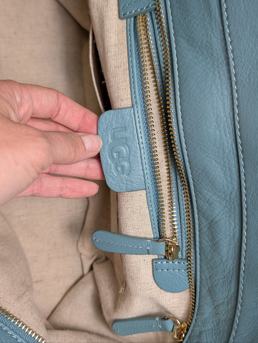 UGG Powder Blue Suede Tote with Gold Logo - Picture 9 of 15
